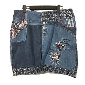 Joe Browns Multicolour Blue Patchwork Denim Skirt with Bird Embroidery Sz 12